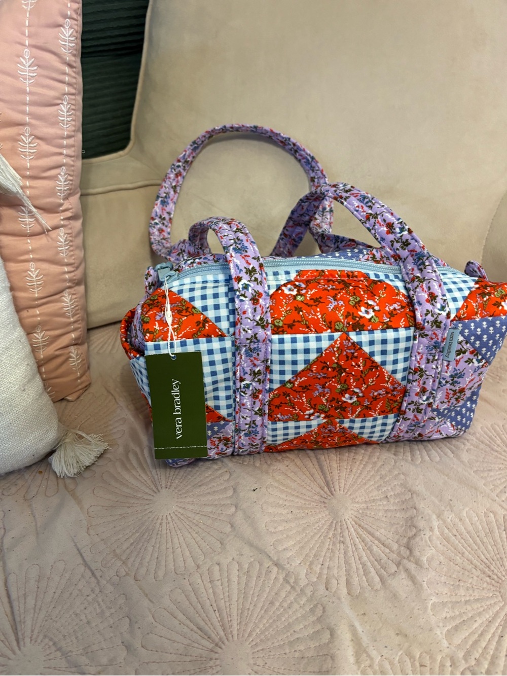 Vera Bradley Quilted Patchwork Travel Duffle in Lavender, Red & Blue